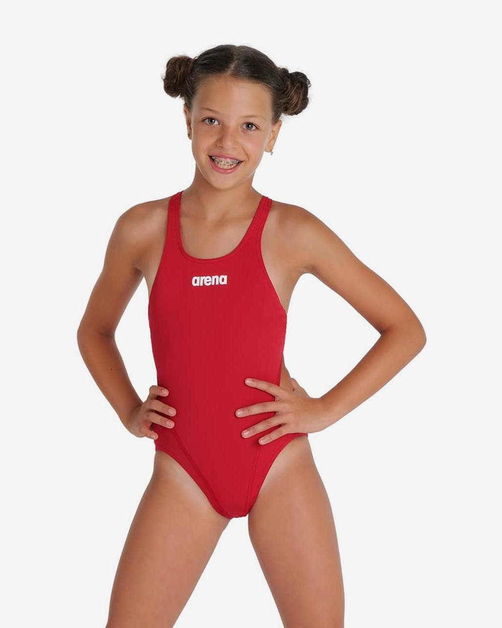 Maillot de bain Arena Team Swim Tech Solid rouge blanc fille - 8-9
