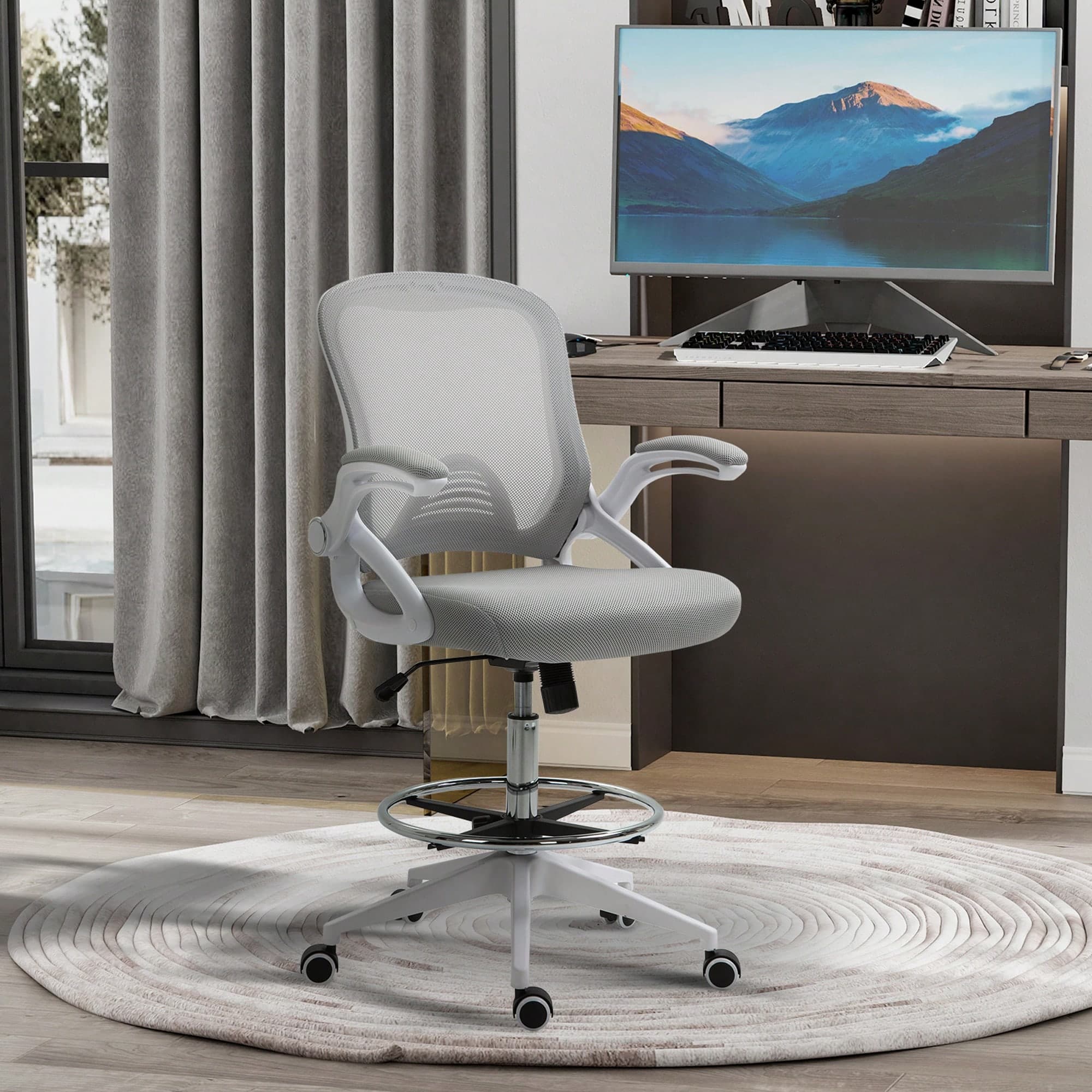 Vinsetto Fauteuil de bureau chaise de bureau assise debout hauteur réglable repose-pieds accoudoir rabattable pivotant 360° maille respirante dim.